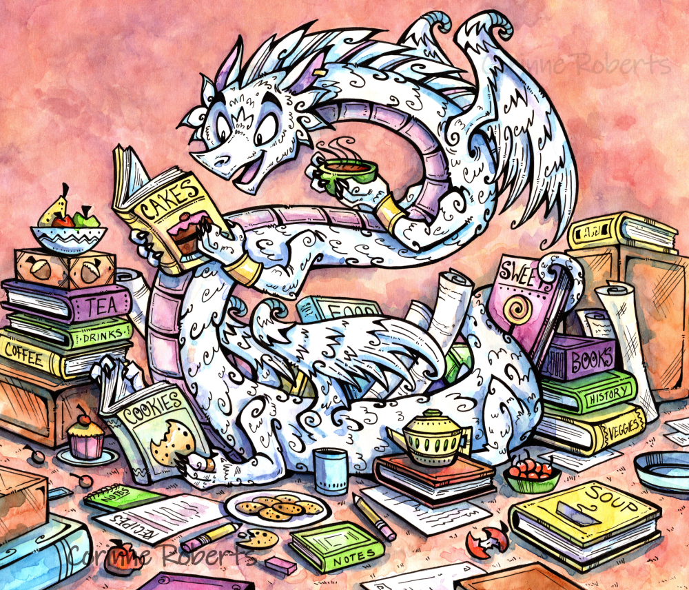 Illustration of white and purple dragon reading from a pile of books and enjoying a warm drink.