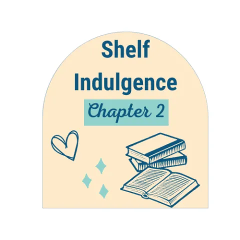 Yellow and blue logo for Shelf Indulgence Chapter 2, including a stack of books, sparkles, and a heart.