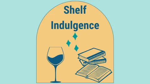 Canva logo that has "Shelf Indulgence" title, as well as icons for a glass of wine, sparkles, and a stack of books.