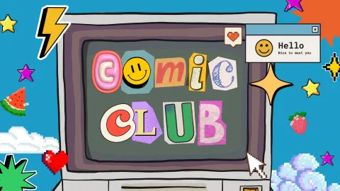 colorful canva graphic with comicbook letters and colors to spell "Comic club" 