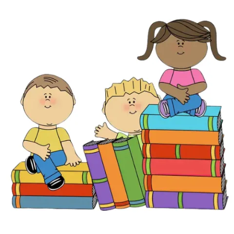 Toddlers sitting on piles of books