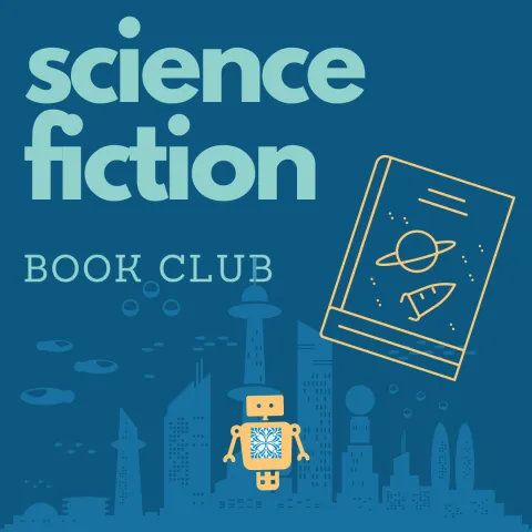 Canva graphic for the scifi book club with a little yellow robot and urban city background