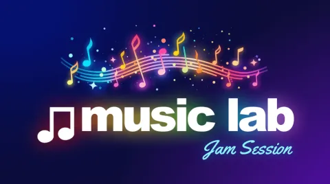 purple background with a colorful stanza that says "Music Lab" beneath it  