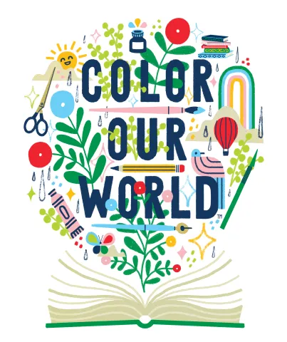 Illustration of Color Our World Slogan rising out of a book.