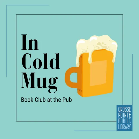 Picture of book shaped foaming beer mug with words "In Cold Mug: Book Club at the Pub"