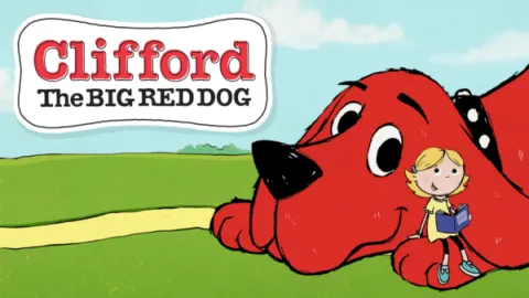 Picture shows Clifford the Big Red Dog smiling next to a little girl with a yellow dress and blonde hair named Emily Elizabeth. 