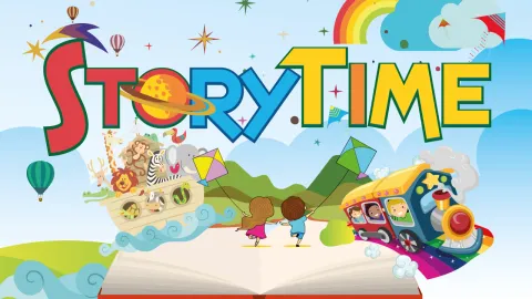 Storytime text floating over an open book with a boat of animals, a train of children, and two children flying a kite. Rainbows, stars, and hot air balloons float around