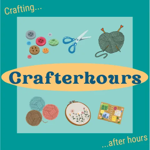 Logo for Crafterhours event with various knitting and embroidering tools