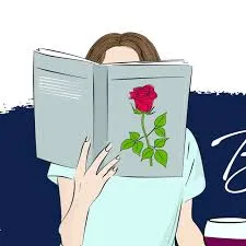 Human holding a book in front of her face with a rose on the cover