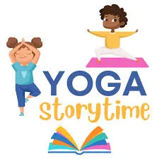 the words YOGA STORYTIME in the center with 2 children doing yoga poses and an open book