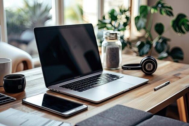 desk with laptop sitting open, iphone laying next to it as well as some headphones.