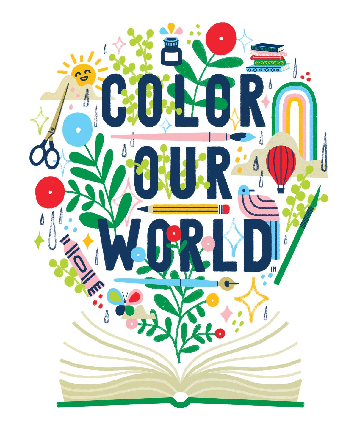 Illustration of Color Our World Slogan rising out of a book.