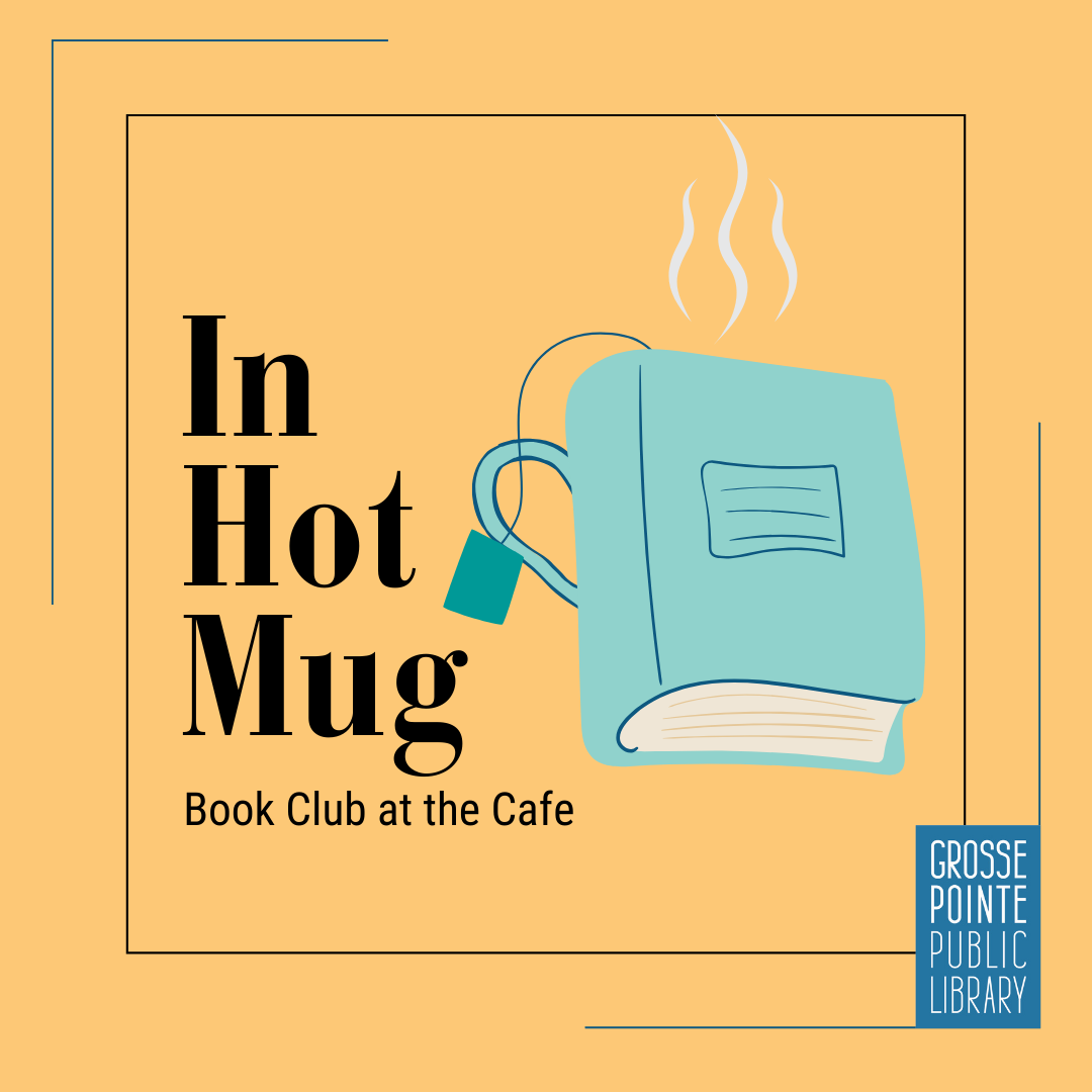 In Hot Mug: Book Club at the Cafe with blue book-shaped tea mug.