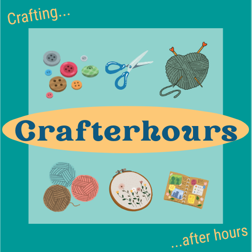Logo for Crafterhours event with various knitting and embroidering tools